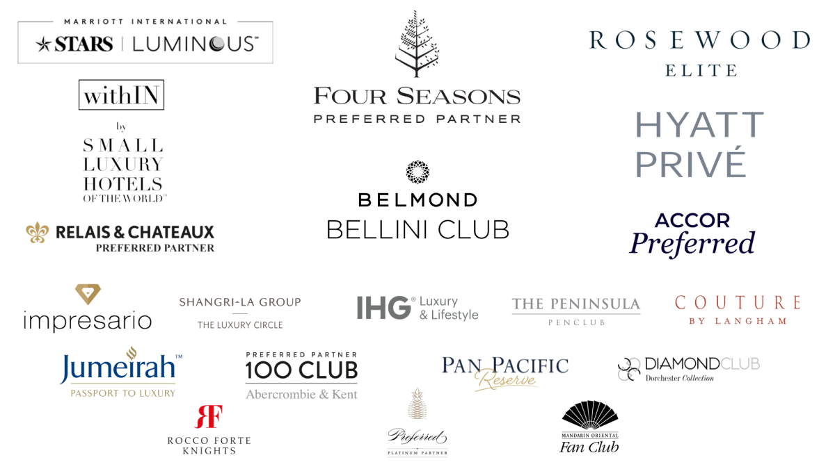 Luxury hotel partner programs, including Four Seasons Preferred Partner, Rosewood Elite, Belmond Bellini Club, Hyatt Privé, Relais & Chateaux, The Peninsula PenClub, and more